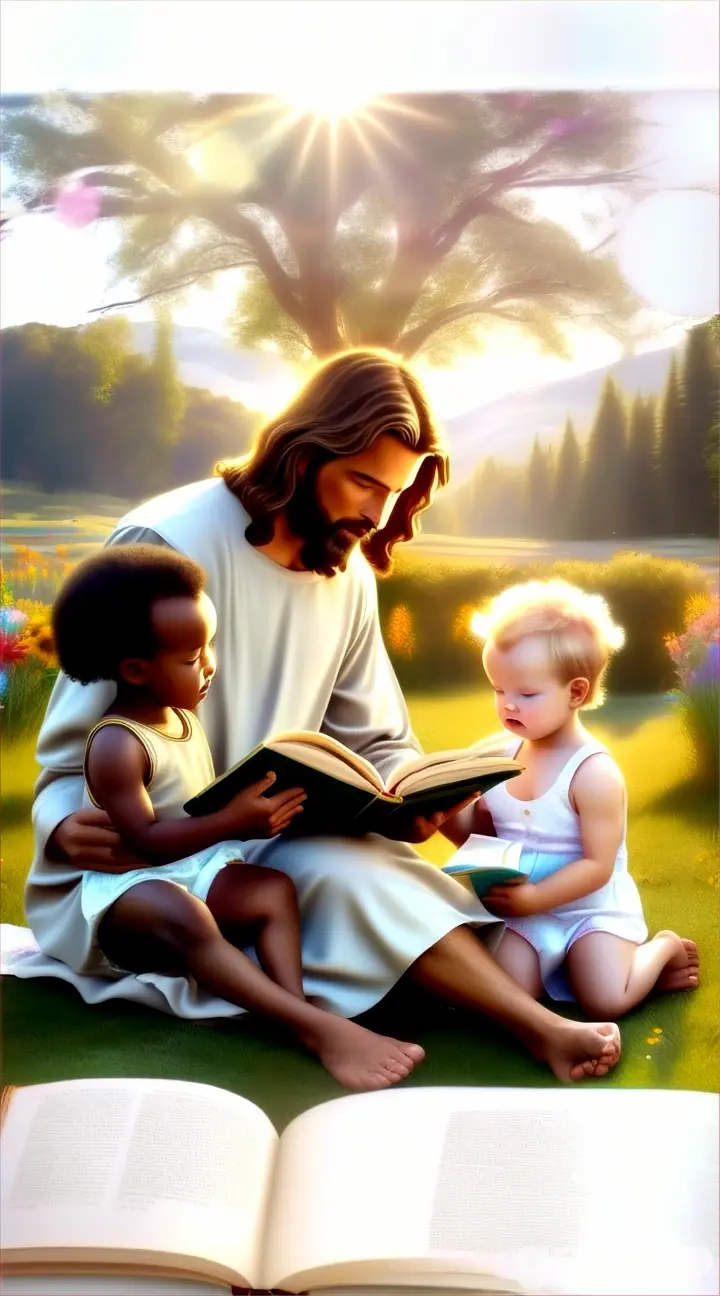 a picture of jesus reading a book to two babies