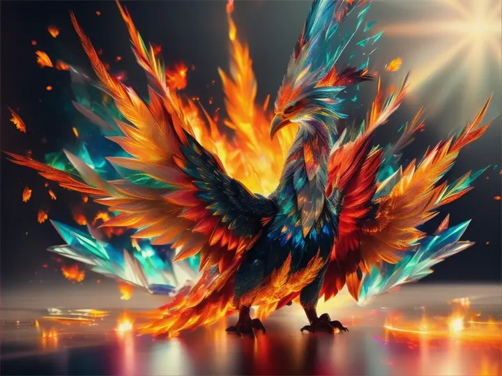 a crystal phoenix crashing to the ground