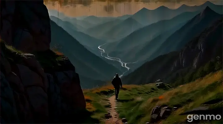 a person standing on a trail in the mountains