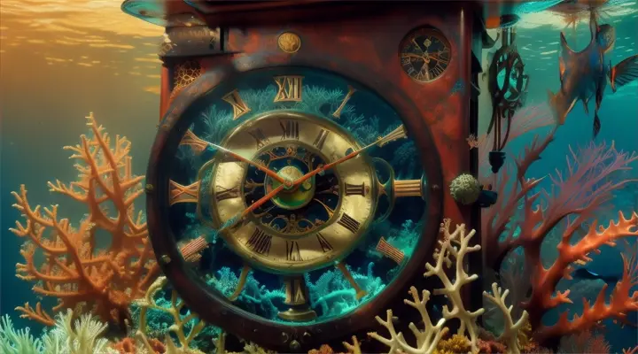 pendulum clock at the bottom of the ocean with coral reef 