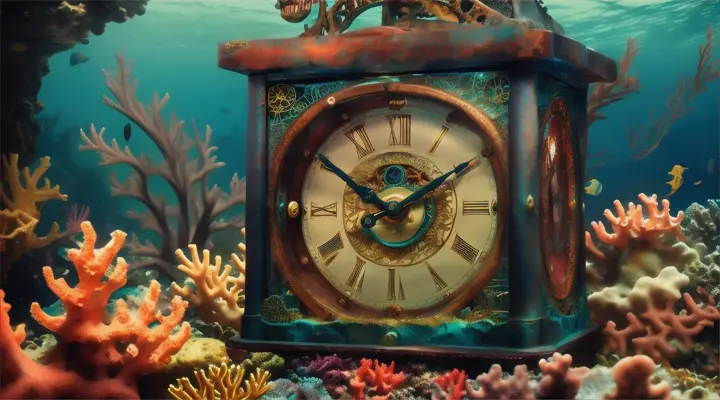 pendulum clock at the bottom of the ocean with coral reef 