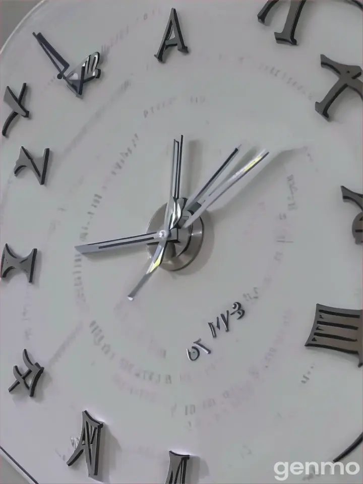 A close up of a clock with roman numerals, with rustic wooden textures in the background