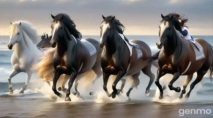 Three horses, one brown, one black, one black and one white, are galloping one after another in the water near the beach. their manes dancing in the wind. the sea is wavy.