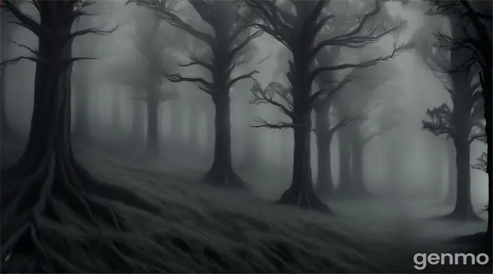 A dark, eerie forest at night with a chilling fog in the air.