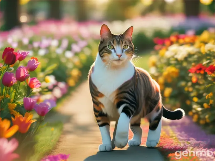 Gato correndo among a colorful flower garden, sunlight filtering through the petals