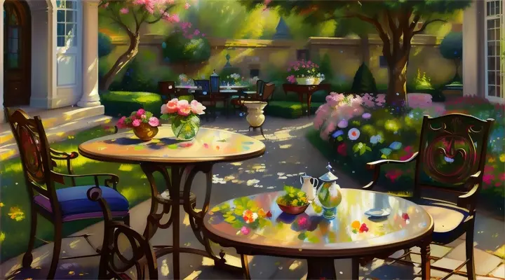 a painting of a table and chairs in a garden, michael garmash and rob rey, epic concept art. bokeh, beautiful! coherent!, breathtakingrealistic, narrow streets, amazing splashscreen artwork, inspired by Mstislav Dobuzhinsky, naturalistic technique, leading to a beautiful, header, european, painting vladimir volegov, benches, painting, vibrant, typography