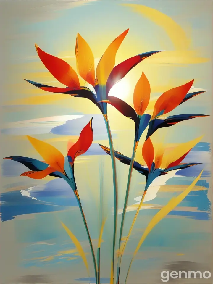 Drawing (brushstrokes with strokes, dashes, blots): three stylized Strelitzia  flowers with stems flowers. against a background of blue sky and stylized sun with rays. On an abstract background with spots and strokes in 7277ff shades. To highlight: high in the sky is a yellow sun with clear rays.
 Рисунок (мазки со штрихами, черточками, кляксами): ТРИ стилизованных цветка Стрелиция со стеблями. на фоне голубого неба и стилизованного солнца с лучами. На абстрактном фоне с пятнами и штрихами в оттенках цвета 7277ff . Выделить особо: высоко в небе жёлтое солнце с чёткими лучами.
