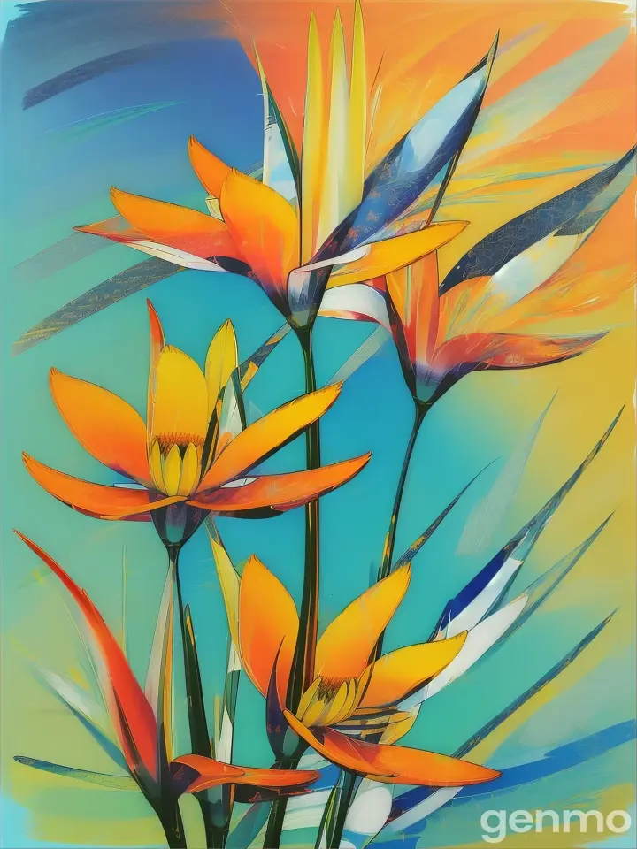 Drawing (brushstrokes with strokes, dashes, blots): three stylized Strelitzia  flowers with stems flowers. against a background of blue sky and stylized sun with rays. On an abstract background with spots and strokes in 7277ff shades. To highlight: high in the sky is a yellow sun with clear rays.
 Рисунок (мазки со штрихами, черточками, кляксами): ТРИ стилизованных цветка Стрелиция со стеблями. на фоне голубого неба и стилизованного солнца с лучами. На абстрактном фоне с пятнами и штрихами в оттенках цвета 7277ff . Выделить особо: высоко в небе жёлтое солнце с чёткими лучами.
