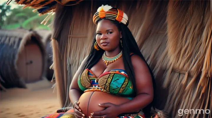 beautiful pragnent Zulu woman plus size, Long Zulu hair, Zulu traditional jewelry, Zulu swimsuit dress for plus size, sitting Zulu village Hut 