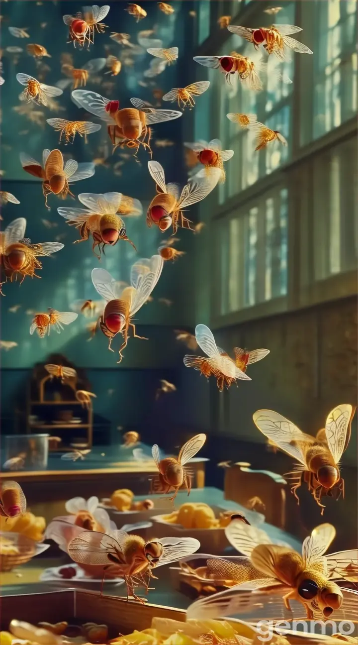 fruit flies fly over some food inside of a home.