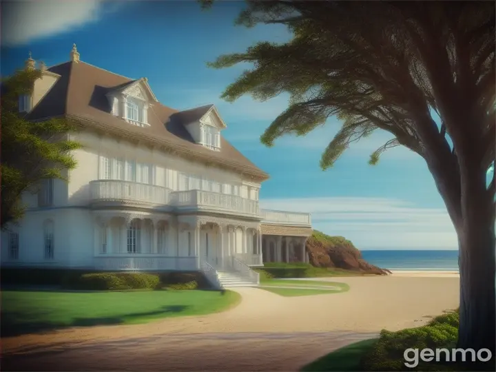 a large and stately VOC country house on the coast, realistic, beach, middle of the day, blue sky