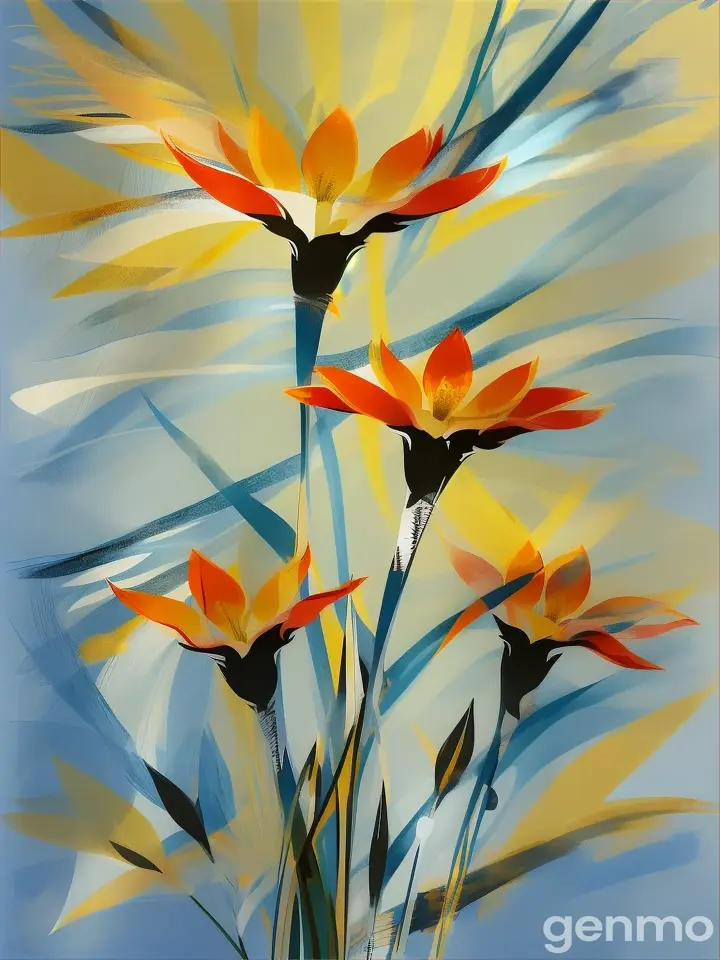 Drawing (brushstrokes with strokes, dashes, blots): three stylized Strelitzia  flowers with stems flowers. against a background of blue sky and stylized sun with rays. On an abstract background with spots and strokes in 7277ff shades. To highlight: high in the sky is a yellow sun with clear rays.
 Рисунок (мазки со штрихами, черточками, кляксами): ТРИ стилизованных цветка Стрелиция со стеблями. на фоне голубого неба и стилизованного солнца с лучами. На абстрактном фоне с пятнами и штрихами в оттенках цвета 7277ff . Выделить особо: высоко в небе жёлтое солнце с чёткими лучами.
