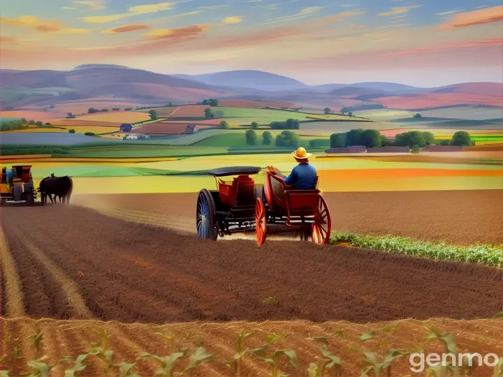 A farmer ploughing field and a girl sowing maize seeds behind him