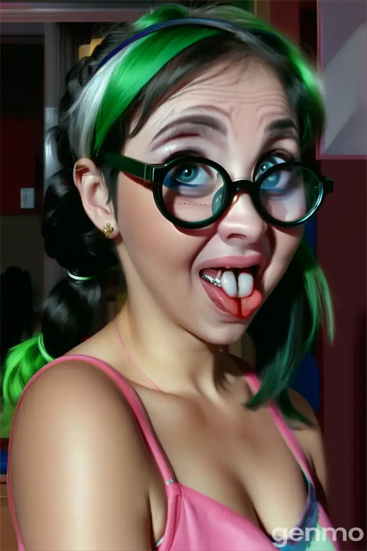 a woman with glasses making a funny face