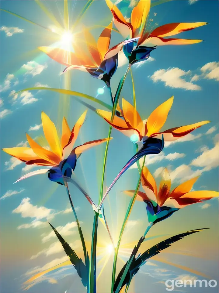 Drawing (brushstrokes with strokes, dashes, blots): three stylized Strelitzia  flowers with stems flowers. against a background of blue sky and stylized sun with rays. On an abstract background with spots and strokes in 7277ff shades. To highlight: high in the sky is a yellow sun with clear rays.
 Рисунок (мазки со штрихами, черточками, кляксами): ТРИ стилизованных цветка Стрелиция со стеблями. на фоне голубого неба и стилизованного солнца с лучами. На абстрактном фоне с пятнами и штрихами в оттенках цвета 7277ff . Выделить особо: высоко в небе жёлтое солнце с чёткими лучами.
