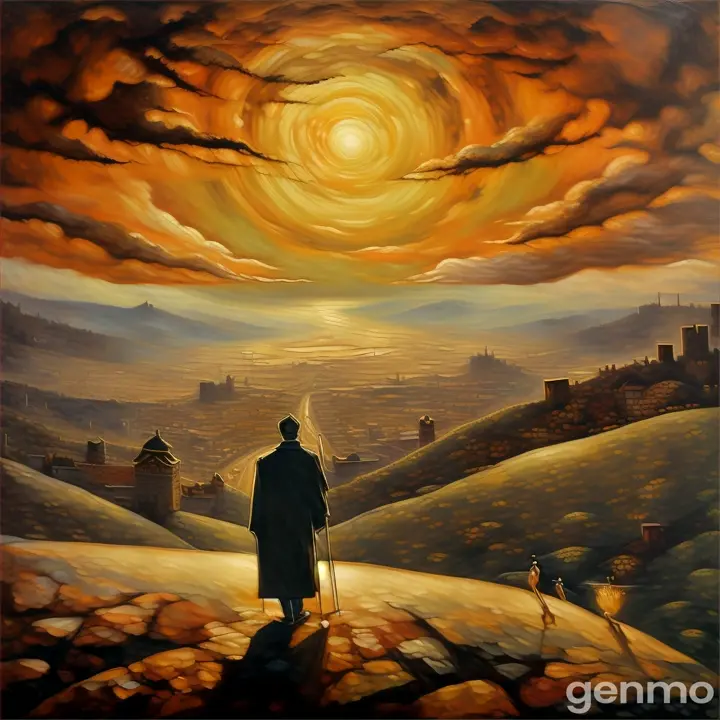 a painting of a man standing on top of a hill