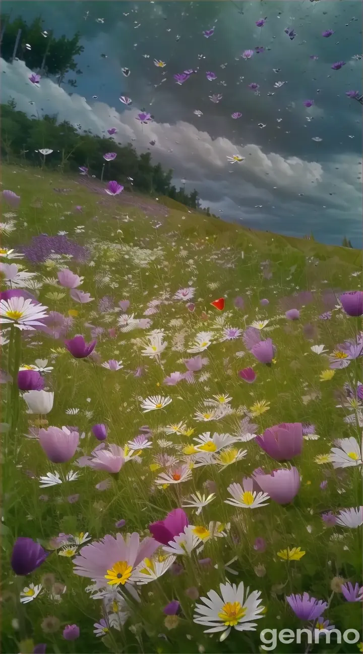 a field full of flowers under a cloudy sky