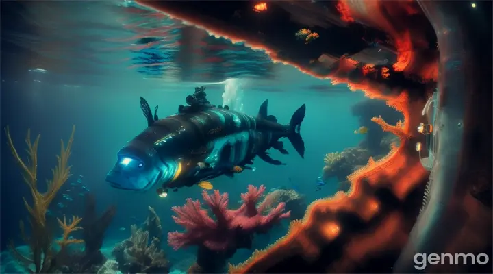a scuba diver discovers a hidden futuristic shipwreck, with cybernetic marine life and advanced alien technology