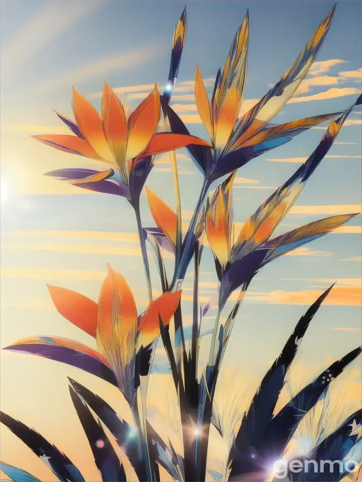 Drawing (brushstrokes with strokes, dashes, blots): three stylized Strelitzia flowers with stems flowers. against a background of blue sky and stylized sun with rays. On an abstract background with spots and strokes in 7277ff shades. To highlight: high in the sky is a yellow sun with clear rays. Рисунок (мазки со штрихами, черточками, кляксами): ТРИ стилизованных цветка Стрелиция со стеблями. на фоне голубого неба и стилизованного солнца с лучами. На абстрактном фоне с пятнами и штрихами в оттенках цвета 7277ff . Выделить особо: высоко в небе жёлтое солнце с чёткими лучами.