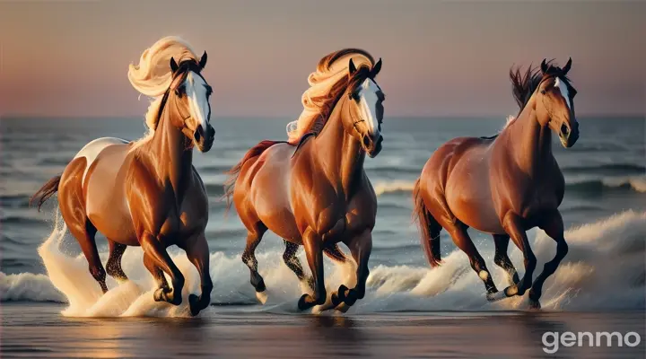 Ahal teke horses gallops in the water near the beach. their manes dancing in the wind. the sea is wavy. The sea looks very beautiful. The beautiful moonlight illuminates the sea. The sky is slightly red and beautiful.