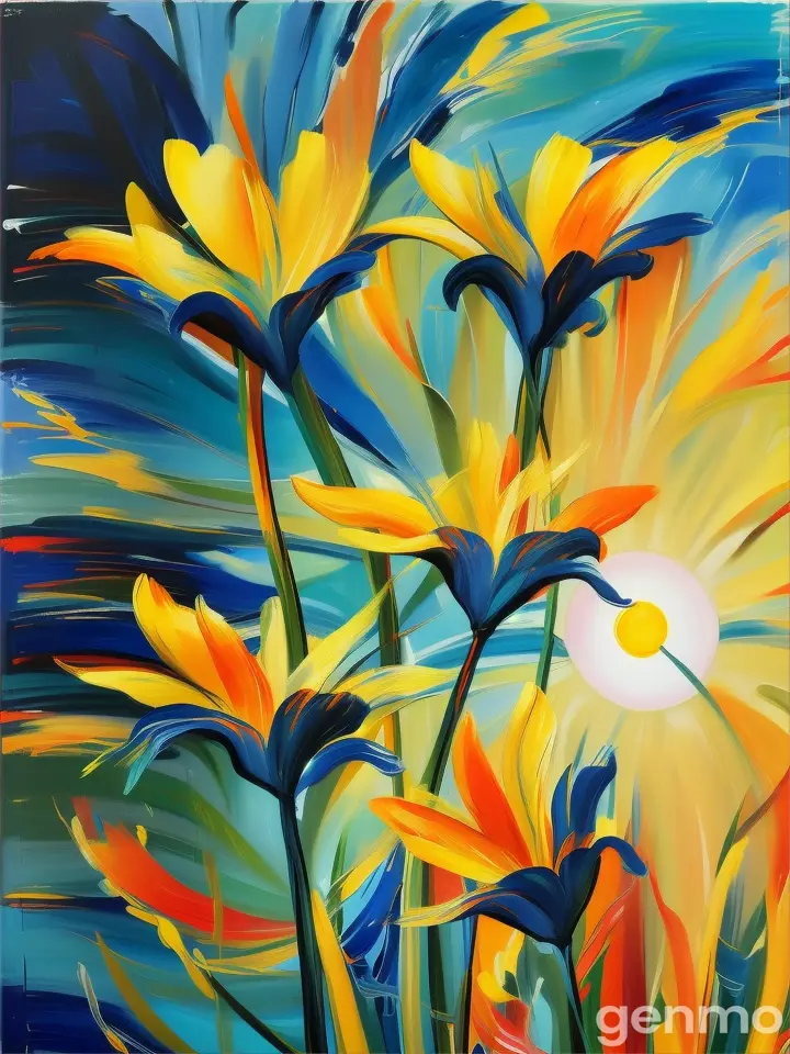 Drawing (brushstrokes with strokes, dashes, blots): three stylized Strelitzia flowers with stems flowers. against a background of blue sky and stylized sun with rays. On an abstract background with spots and strokes in 7277ff shades. To highlight: high in the sky is a yellow sun with clear rays. Рисунок (мазки со штрихами, черточками, кляксами): ТРИ стилизованных цветка Стрелиция со стеблями. на фоне голубого неба и стилизованного солнца с лучами. На абстрактном фоне с пятнами и штрихами в оттенках цвета 7277ff . Выделить особо: высоко в небе жёлтое солнце с чёткими лучами.