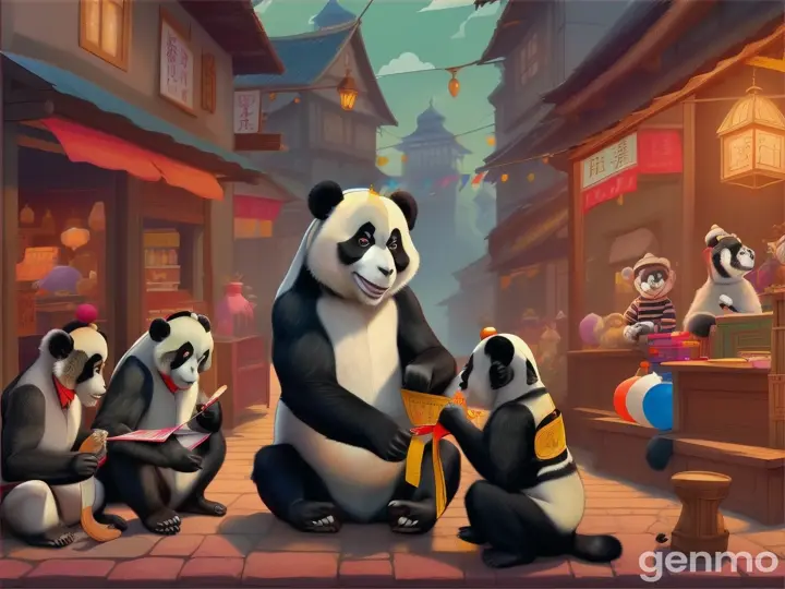 image of a scene where a tailor panda is taking measurements for his customer, who is a monkey, while other animals are gathered around them.