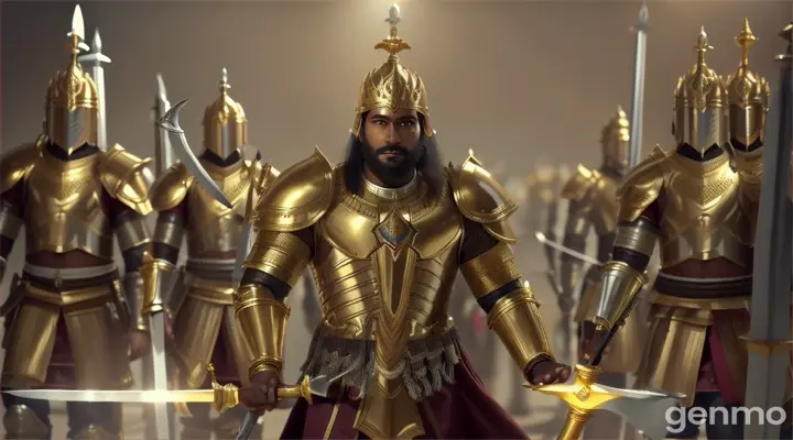 Ultra realistic, cinematic video of south indian king thin, dark skin, tall, straight hair, golden armor dress with long sharp sword with his ten soldiers wearing silver armour dress with sword on hand