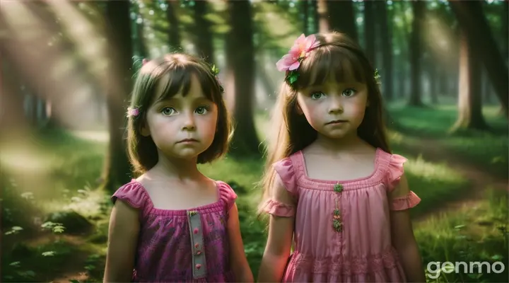 Show Emma a five years girl wearing pink dress looking worried as she realizes she is lost in a dense green forest. Make colors vibrant and aspect ration 16:9