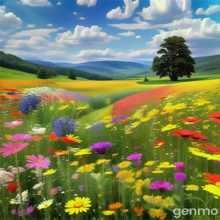 a field of wildflowers with a tree in the background