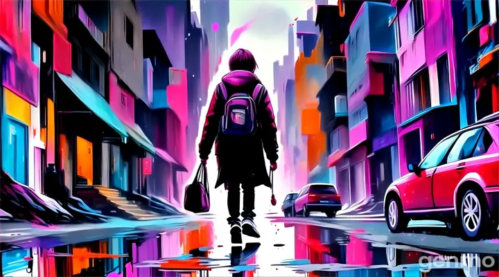 a painting of a person walking down a city street