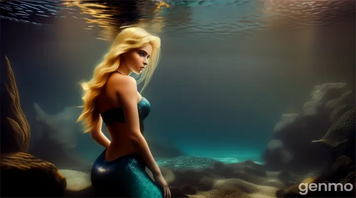 (masterpiece, best quality), close up, A beautiful blonde mermaid with piercing eyes glancing down towards the ground, in the ruins of Atlantis. a dark and moody atmosphere deep depths of the ocean, sea floor, ground, water motion,