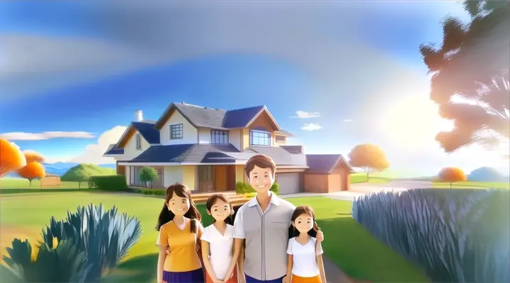 a family standing in front of a house, happy, smilingand waving