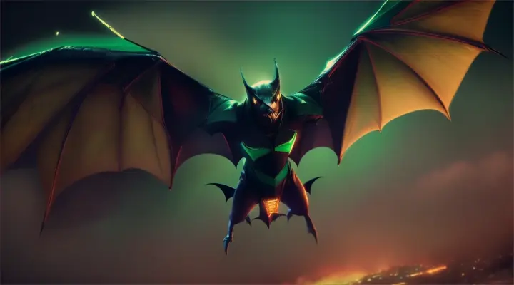 Create a animated video of an entire wing arcade-style bat attacking from above. The scene should capture the bat swooping down aggressively, wings flapping, against a green screen. Ensure the animation highlights the bat's menacing movements and conveys a sense of action and urgency.