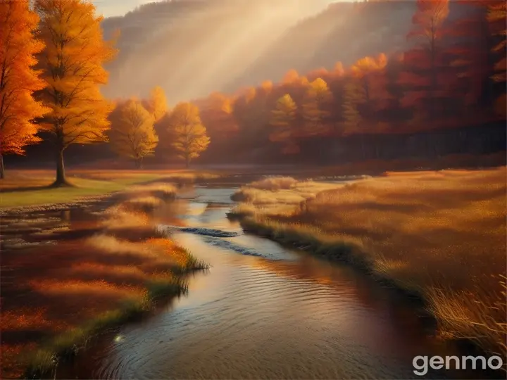 Rustic autumn landscape with a winding river, warm tones, digital oil painting