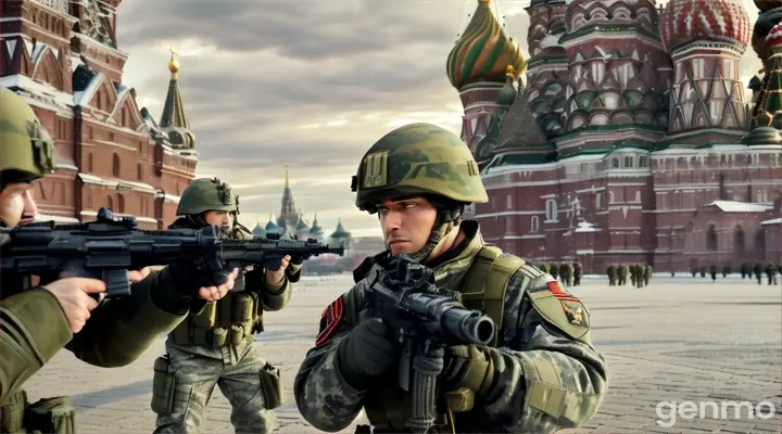 A group of soldiers in full gear, pointing their guns at each other in a dramatic showdown on Red Square