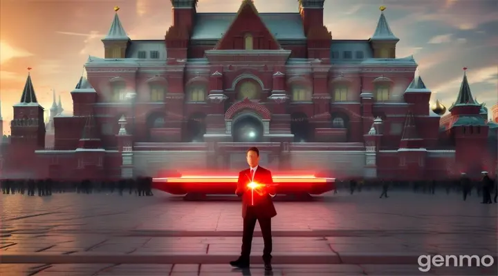 Genri Bedarev standing at a distance, with the Red Square Chaos reflected in his eyes, holding a device that could disrupt the gates