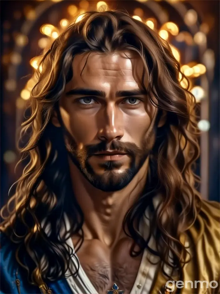 a man with long hair and a cross on his chest