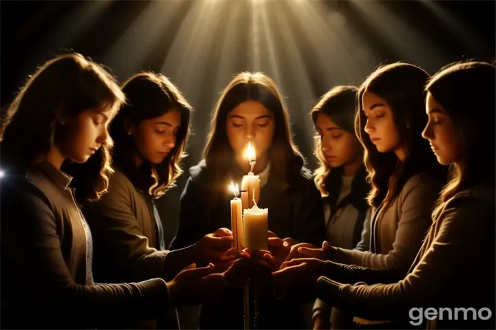 a group of people standing around a lit candle