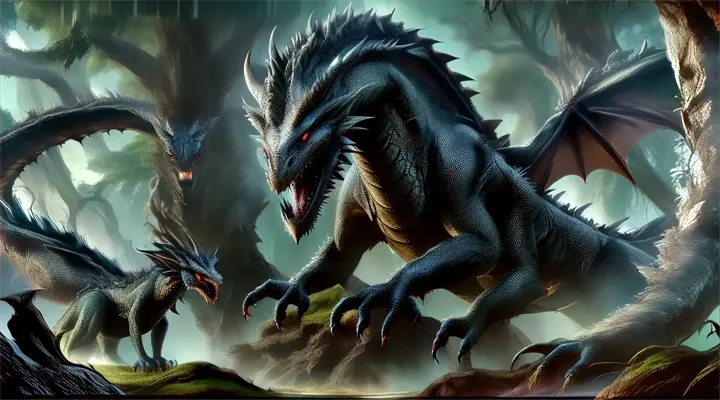 a dragon attacking another creature in a forest