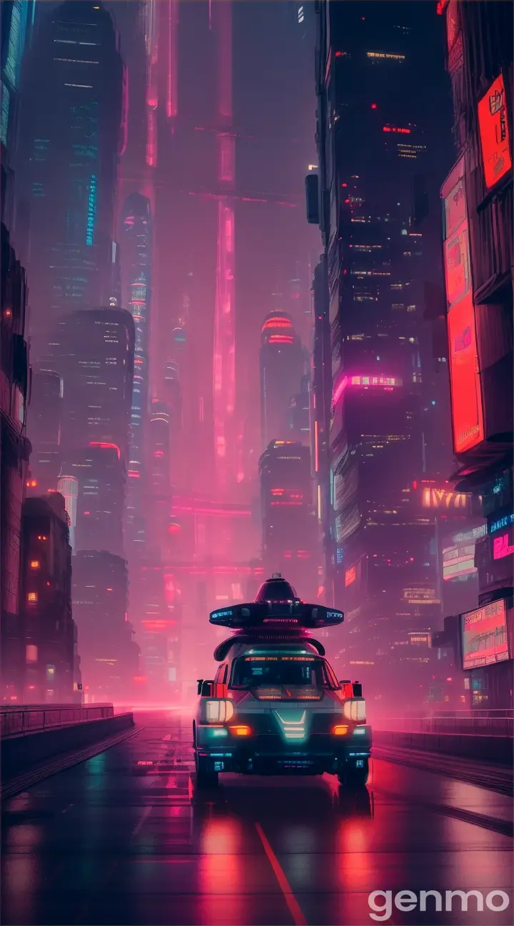 Create a dynamic t-shirt design featuring a futuristic dystopian cityscape inspired by the cyberpunk illustrations of Simon Stålenhag and Syd Mead. Visualize a sprawling metropolis with towering skyscrapers, intricate neon-lit streets, and bustling hover vehicles weaving through narrow alleys. The city should exude a gritty, industrial aesthetic, reminiscent of the urban landscapes depicted in Blade Runner and Ghost in the Shell. Incorporate advanced technology such as holographic advertisements, augmented reality interfaces, and drones soaring overhead, capturing the essence of a high-tech yet bleak future society. Use a digital art style characterized by sharp lines, bold contrasts, and vibrant neon colors to create a striking visual impact. Design the composition in a vector graphic format for precise detailing and scalability, suitable for silk screen printing on t-shirts and apparel. The overall tone should convey a sense of urban decay and futuristic noir, appealing to enthusiasts of cyberpunk culture and dystopian fiction, --ar 9:16