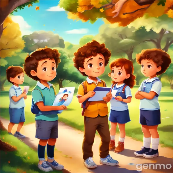 a group of children standing in front of a tree