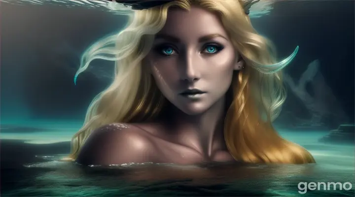 (masterpiece, best quality), close up, A beautiful blonde mermaid with piercing eyes glancing down towards the ground, in the ruins of Atlantis. a dark and moody atmosphere deep depths of the ocean, sea floor, ground, water motion,