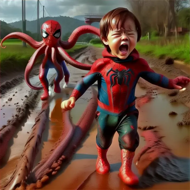 a little baby spiderman running away from giant octopus