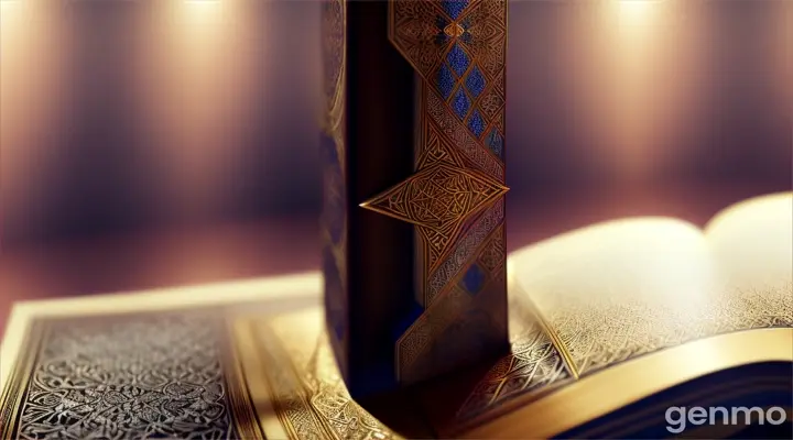 A Muslim's best qualities are reflected in the symbols around him, such as a glowing heart for compassion, a book for wisdom, and scales for justice.