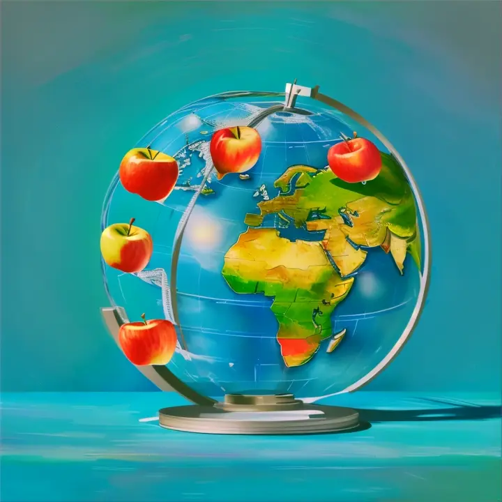 a painting of apples on a globe on a blue background