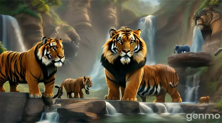 Tiger and lion, rabbit, elephant reunion around the water falls and the bird sinying 