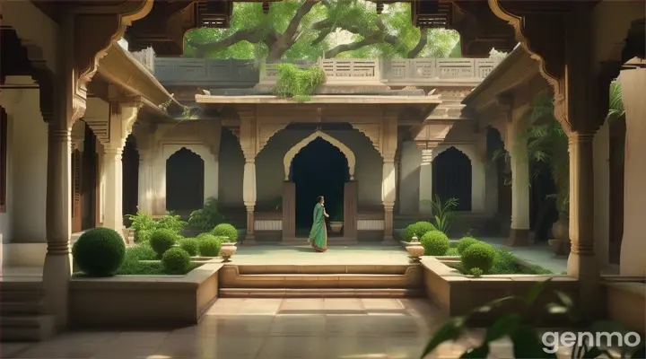 The scene opens with a sweeping shot of a serene, sunlit courtyard in a traditional Indian house. The camera captures the intricate stonework, vibrant green plants, and a few birds chirping melodiously in the background. In the midst of this tranquil setting stands Prabha, a fair-skinned 42-year-old Brahmin woman, her face marked by a stark contrast of inner turmoil.