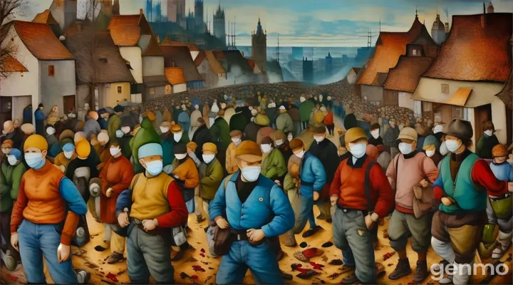 a painting of a crowd of people wearing face masks