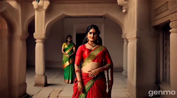 Prabha, a 42-year-old woman dressed in a traditional red saree and a green blouse with a dupatta covering her head, stands in the middle of the courtyard. Her face is marked by a suspicious and angry expression, her eyes intense and focused. She watches her 1-year-old son, Sundar, playing on the ground with a small mongoose, Chinu. Sundar giggles with delight as Chinu scampers around him playfully.

The camera then shifts to the entrance of the courtyard, where Maya, a 60-year-old woman dressed in a traditional yellow saree and a red blouse, steps in. Her white hair is neatly tied back, and her face mirrors Prabha's suspicion. Maya approaches Prabha, her expression a mix of concern and disapproval.