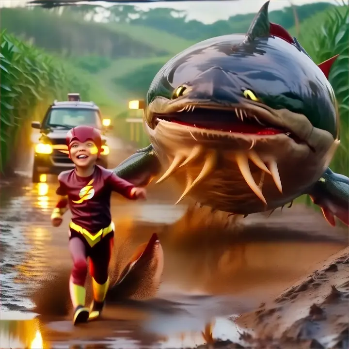 a little flash baby running away from giant fish monster